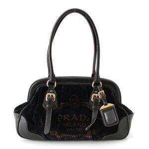 Prada Velvet Jacquard Canapa Logo Clasp Shoulder Handbag Black